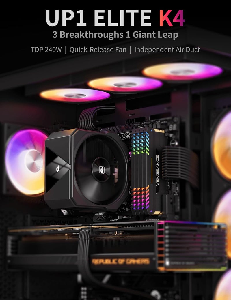 upHere up1 Elite CPU Cooler - 4 Heat Pipes, Magnetic Cover, Quick-Release Fans, Intel LGA1851/1700 & AMD AM5/AM4 Support, Independent Air Duct, 1650RPM 68CFM Fan, Black, up1 Elite K4 - Image 2